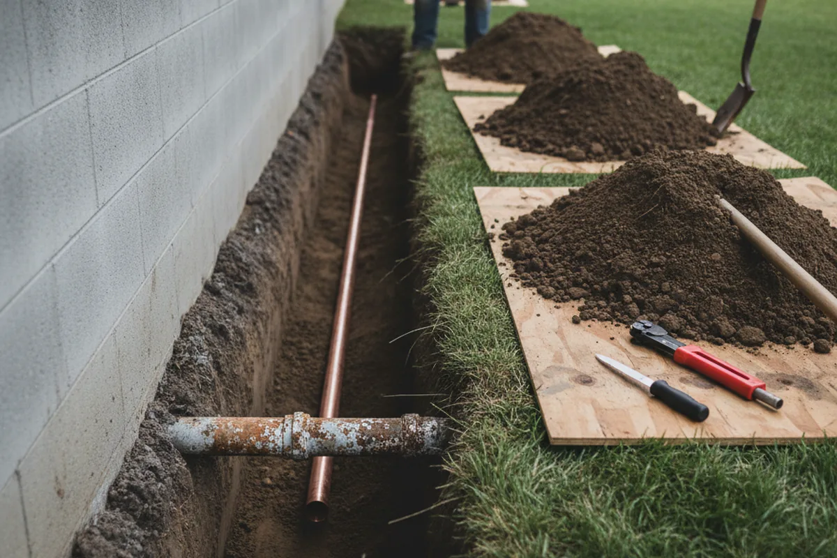 Excavated water line trench during Water Heater Repair in Lindale